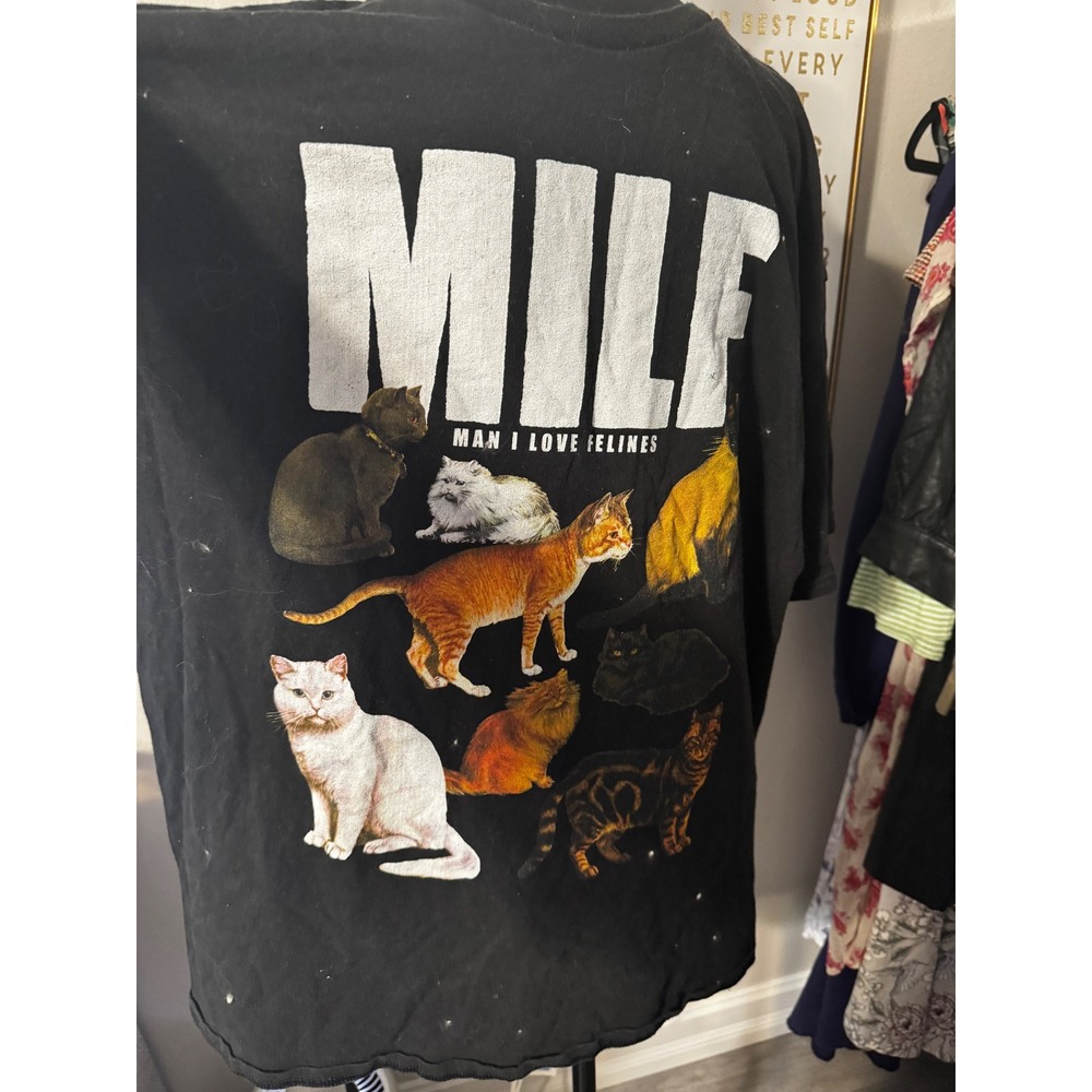 Teen Hearts MILF Man I Love Felines Black Graphic T-Shirt Mens 2XL Cat Lover Tee